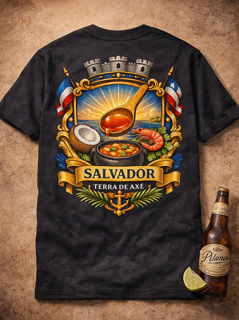 Black t-shirt with Salvadoran design featuring a spoon, flags, and traditional elements on a brown background.
