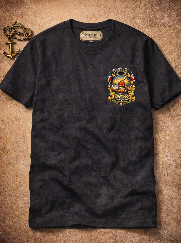 Black t-shirt with a colorful emblem on a textured brown background