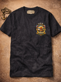 Black t-shirt with a colorful emblem on a textured brown background
