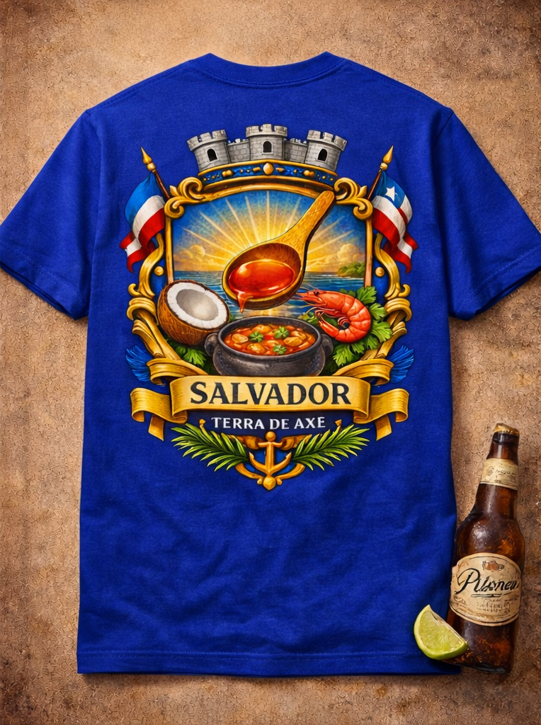 Blue t-shirt with Salvadoran-themed design on a textured brown background