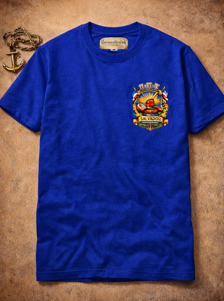 Blue t-shirt with a colorful emblem on a brown textured background