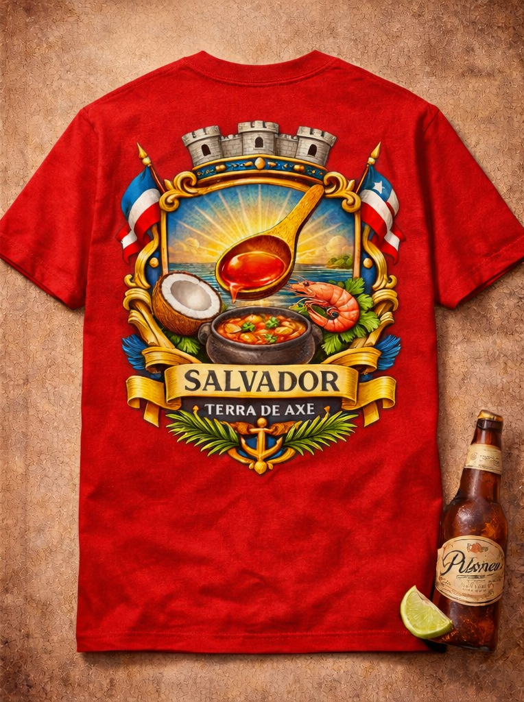 Red t-shirt with Salvador brand logo featuring food and flags on a textured brown background.