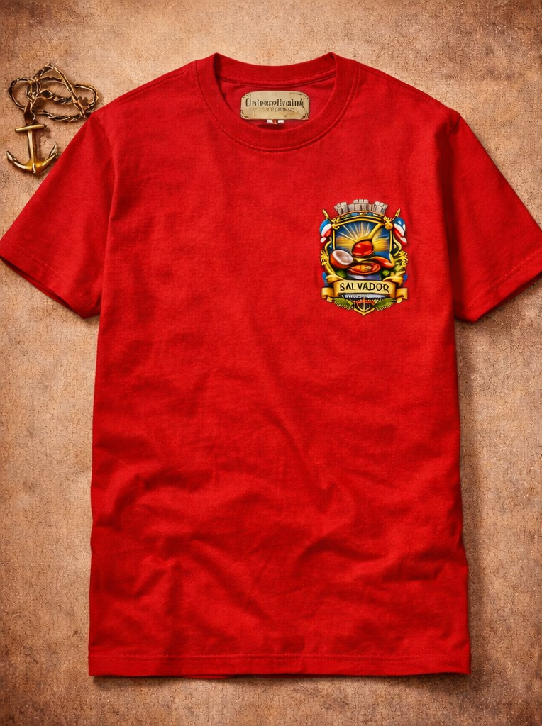 Red t-shirt with a colorful emblem on a textured brown background