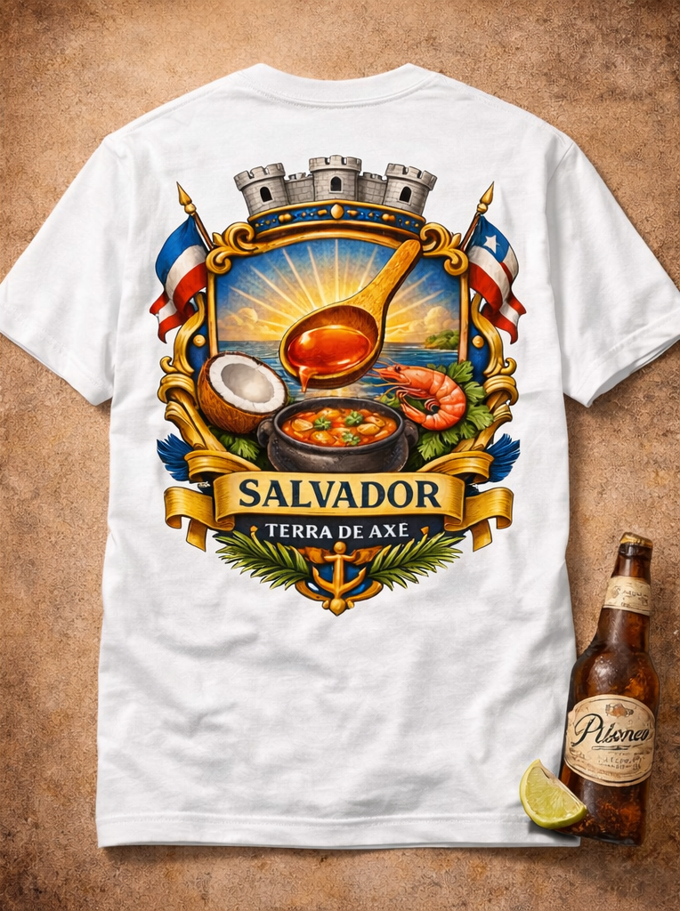 White t-shirt with a colorful graphic design featuring food and text, alongside a bottle of beer on a brown background.