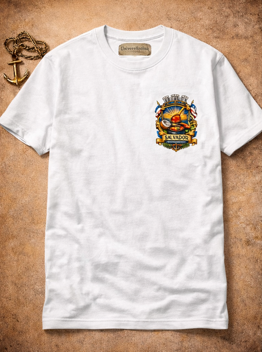 White t-shirt with a colorful emblem on a brown textured background