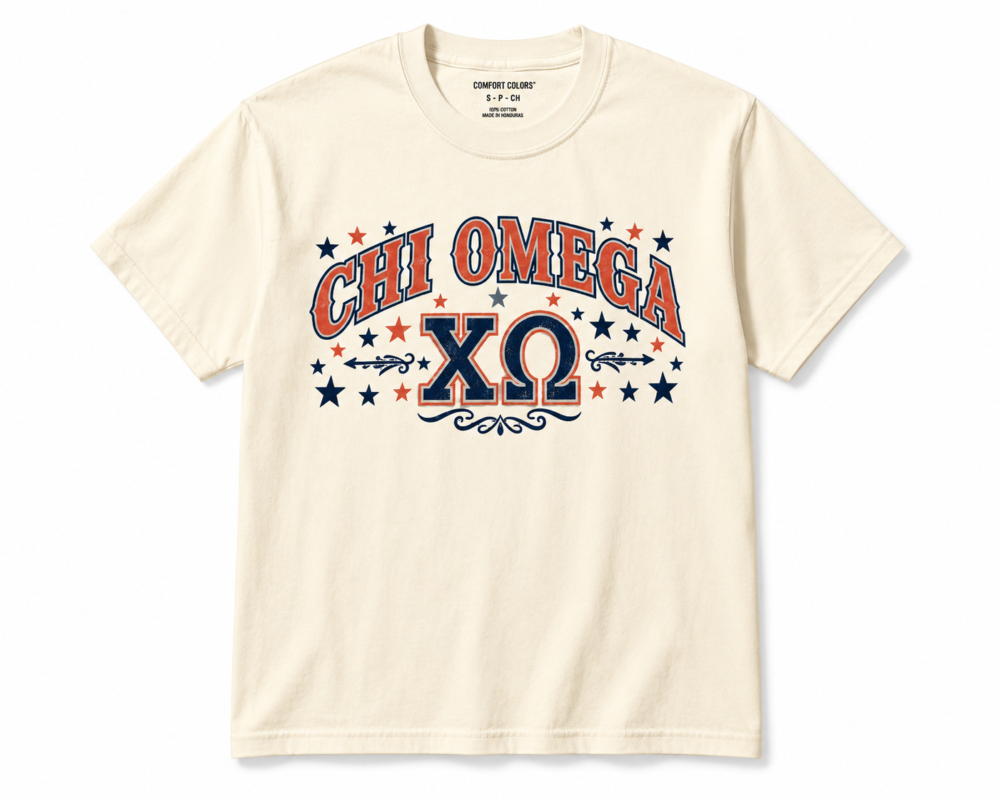 Cream Chi Omega T-shirt with red and navy collegiate lettering, Greek letters, stars, and decorative flourishes