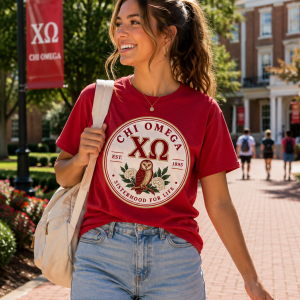 Woman wearing a red Chi Omega owl and floral emblem T-shirt on a collegiate campus walkway