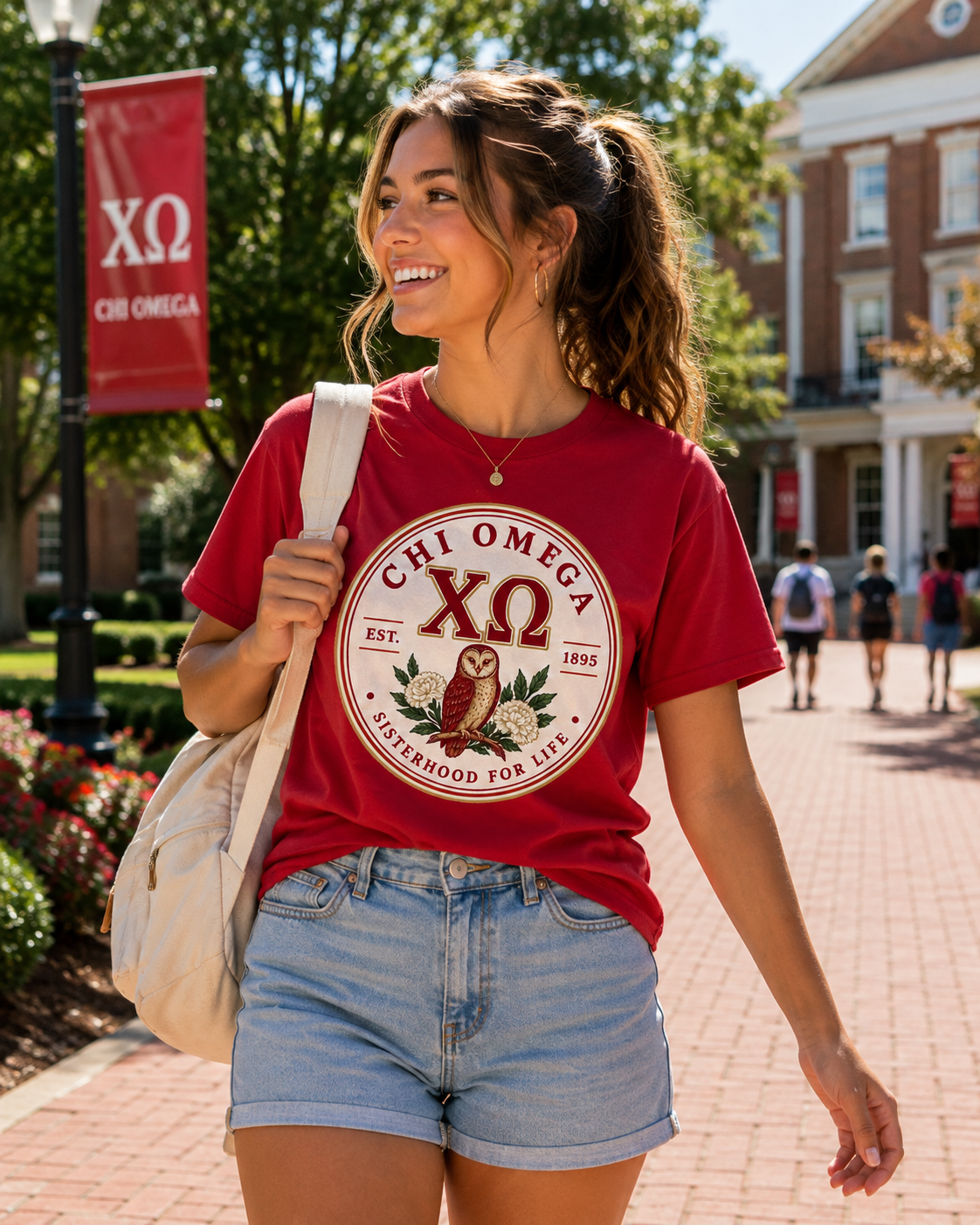 Woman wearing a red Chi Omega owl and floral emblem T-shirt on a collegiate campus walkway