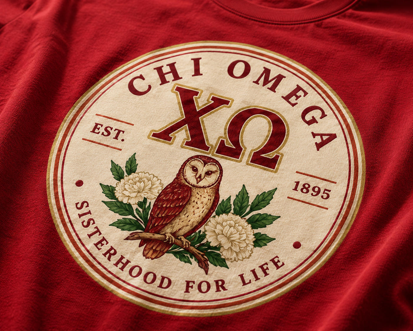 Close-up of the circular Chi Omega owl, flowers, Greek letters, and sisterhood artwork on a red T-shirt