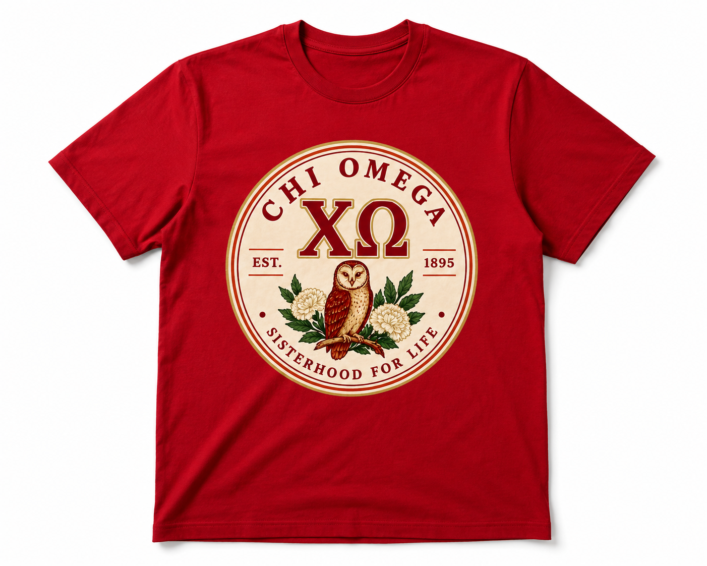 Red Chi Omega T-shirt with circular owl, floral, Greek-letter, and sisterhood emblem